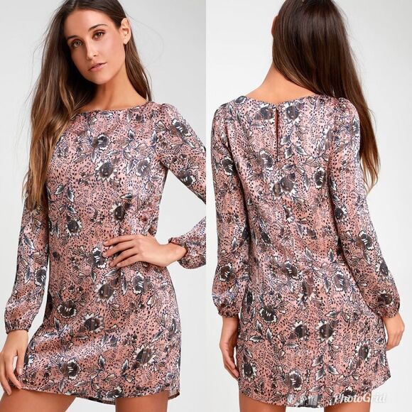 Lulus Ashford Blush Pink Floral Print Long Sleeve Shift Dress - Picture 1 of 7